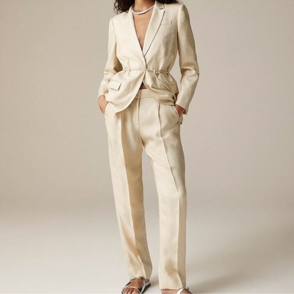 J.Crew Rope Tie Blazer Glossy Twill Warm Platinum + Tapered Essential Pant Suit